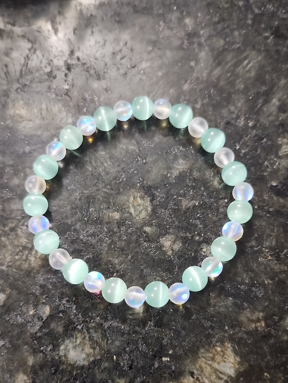 Handmade Green Cat's and Iridescent Beaded Bracelet